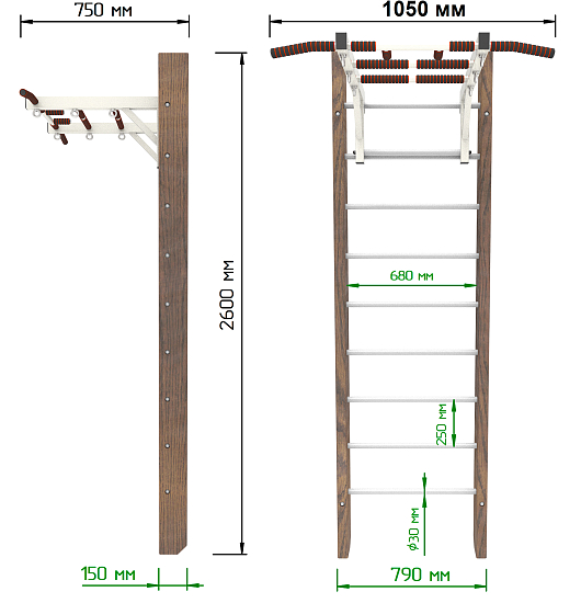 картинка Брашированная шведская стенка "Кастерли" Classic с турником (Белые ступени) от магазина Лазалка