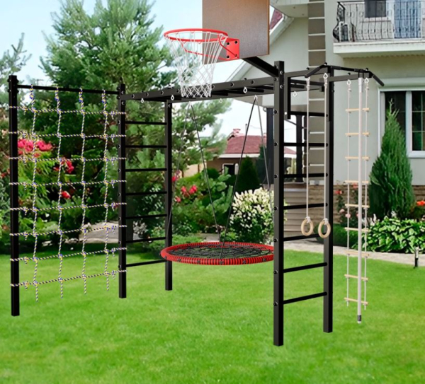 картинка Уличная шведская стенка Sv Sport рукоход с комплектом турник прямой У5224.2К (Турник/Гнездо 115см/Щит баскет/Канат/кольца/лестница/Сетка) от магазина Лазалка